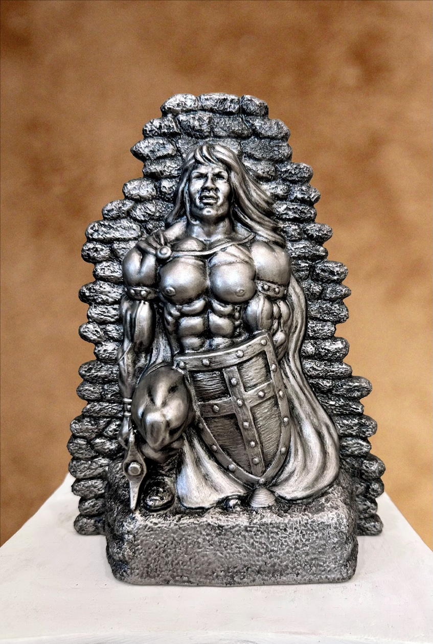 Male Warrior Relief bodybuilding trophy with platinum pewter 2-dimensional embossed muscular female warrior emerging from stone arch frame